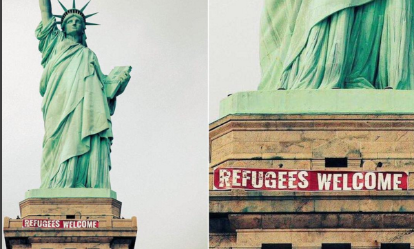 Нью-Йорк: на статую Свободы неизвестные повесили плакат с надписью «Беженцы, добро пожаловать»
