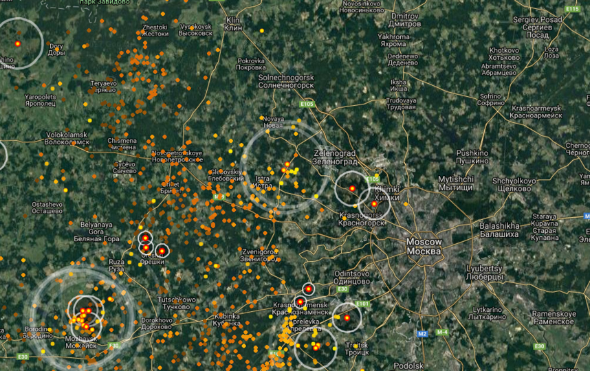 Сильнейший ливень в Москве: указания от МЧС. Фото www.lightningmaps.org/.