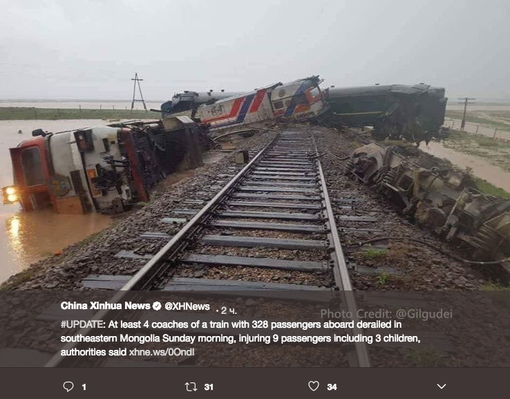 Стали известны подробности о пострадавших при аварии поезда в Монголии. Фото скриншот twitter.com/XHNews