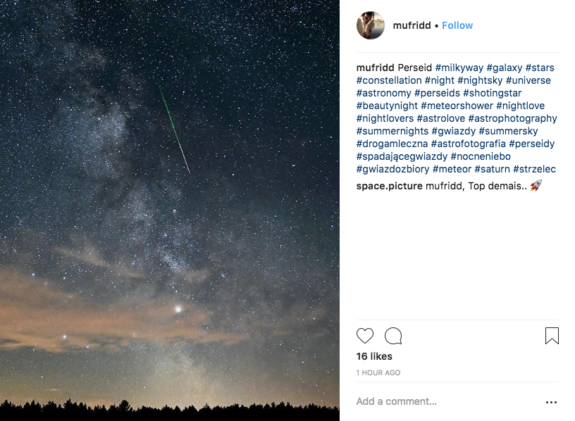 Метеорный поток Персеиды достиг пиковой активности. Фото Скриншот Instagram.