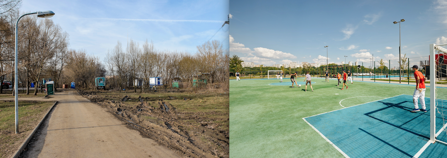 Парк "Братеевская пойма" до и после благоустройства. Фото департамента капитального ремонта