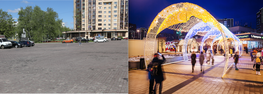 Площадь Юности в Зеленограде до и после благоустройства. Фото департамента капитального ремонта
