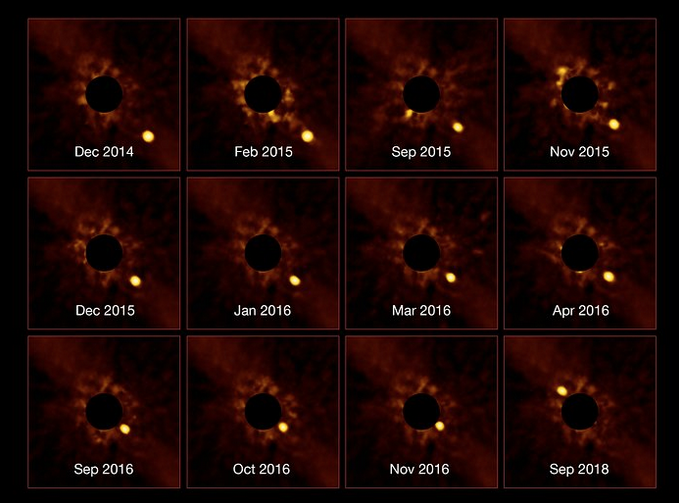 Процесс вращения планеты вокруг звезды. Скриншот https://www.eso.org/public/images/potw1846a/. 