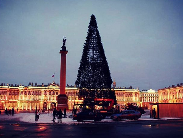 На Дворцовой площади начали собирать главную ёлку города. Фото скриншот www.instagram.com/akarpova_spb/