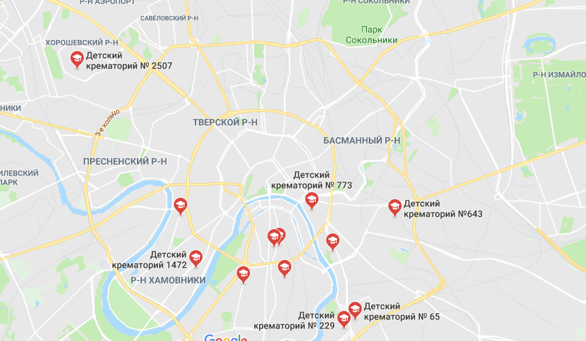 Детские крематории на картах Google Maps. Фото скриншот Google Maps