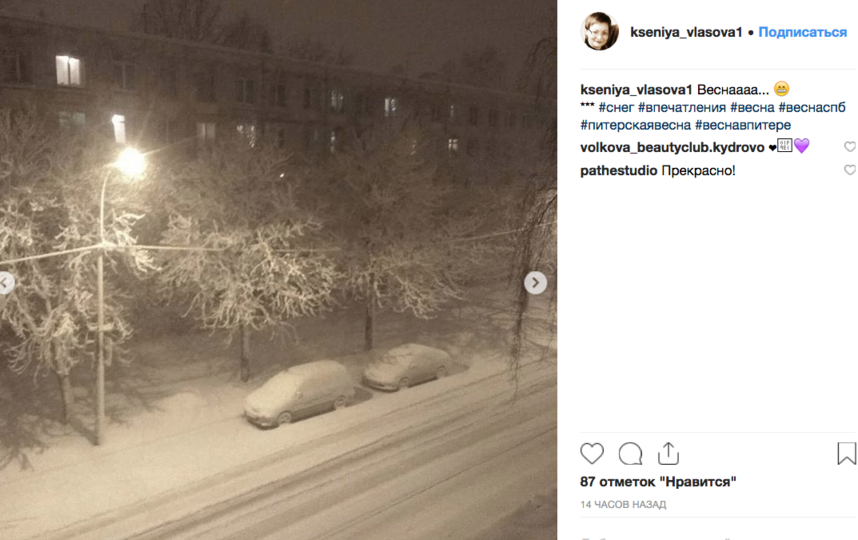 Петербург накрыло снегом в первых числах весны. Фото скриншот Instagram