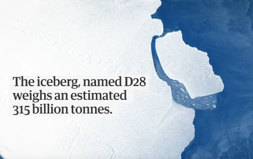 Вес айсберга D28 составляет 315 млрд тонн. Фото Скриншот https://www.youtube.com/watch?v=mA9dooj1_0I, Скриншот Youtube