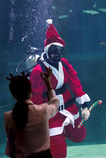 На днях в Сеуле прошло подводное шоу, посвящённое Рождеству. Фото AFP