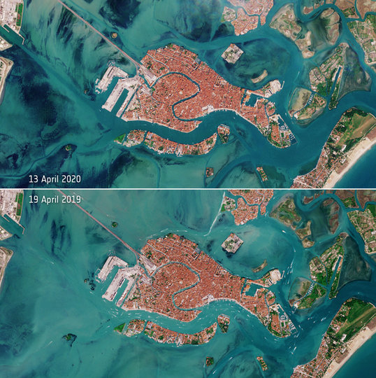 Верхнее фото было сделано в апреле 2019, нижнее – в апреле 2020. Фото European Space Agency (ESA)