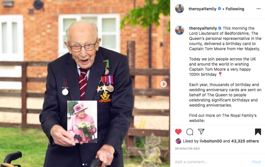 Ветеран Том Мур также получил персональную открытку от королевы Елизаветы II. Фото скриншот instagram @theroyalfamily