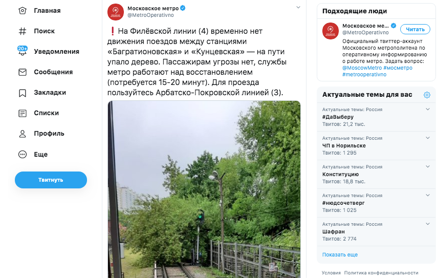 Дерево с путей между станциями "Багратионовская" и "Кунцевская" убрали  меньше, чем за полчаса. Фото скриншот Twitter @MetroOperativno