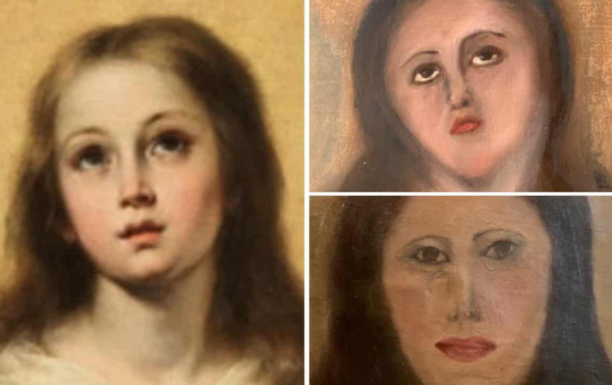 Лицо Девы Марии до "реставрации" и после. Фото twitter.com/reviewwales