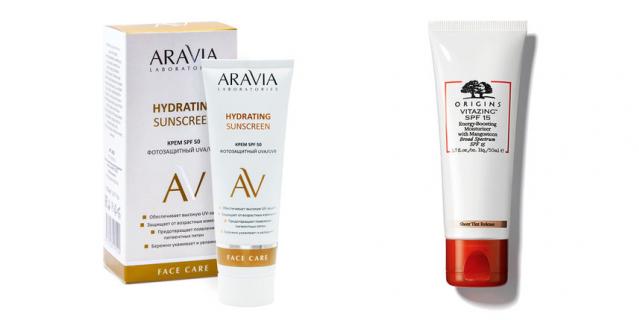 Крем дневной фотозащитный SPF 50 Hydrating Sunscreen от ARAVIA Laboratories (480 руб.) / Увлажняющиий крем, придающий энергию Origins Vitazing SPF15 (2390 руб.). Крем дневной фотозащитный SPF 50 Hydrating Sunscreen от ARAVIA Laboratories (480 руб.) / Увлажняющиий крем, придающий энергию Origins Vitazing SPF15 (2390 руб.).