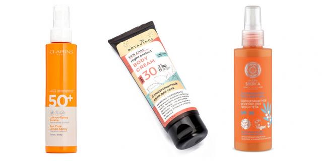 Солнцезащитное молочко-спрей для тела Clarins SPF50+ (1100 руб.) / Крем солнцезащитный для тела Botavikos SPF30 (505 руб.) / Солнцезащитное молочко для лица и тела SPF30 от Natura Siberica (720 руб.). Солнцезащитное молочко-спрей для тела Clarins SPF50+ (1100 руб.) / Крем солнцезащитный для тела Botavikos SPF30 (505 руб.) / Солнцезащитное молочко для лица и тела SPF30 от Natura Siberica (720 руб.).