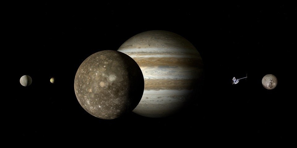 Юпитер и его спутники, коллаж. Фото pixabay.com