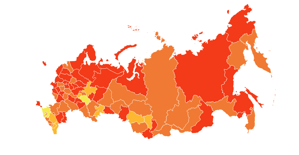 Интерактивная карта окрашена преимущественно в красные тона. Фото стопкоронавирус.рф