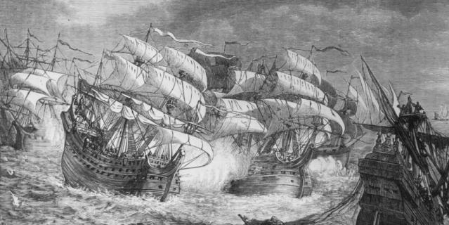Картина "Дрейк атакует испанский корабль".