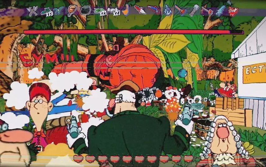 Главные персонажи ходят под музыку из мема. скриншот из игры. 