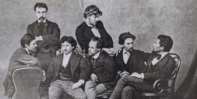1871 год. Художники. Илья Репин и Егор Урлауб (второй и третий слева в первом ряду) .
