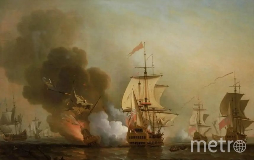 Художник Сэмюэль Скотт изобразил гибель корабля "Сан-Хосе" на картине "Морская битва при Картахене"..